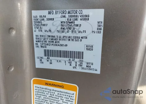 2005 Ford F-250 Lariat/Xl/Xlt z USA, uszkodzony, nr VIN 1FTSW21P25EA58149